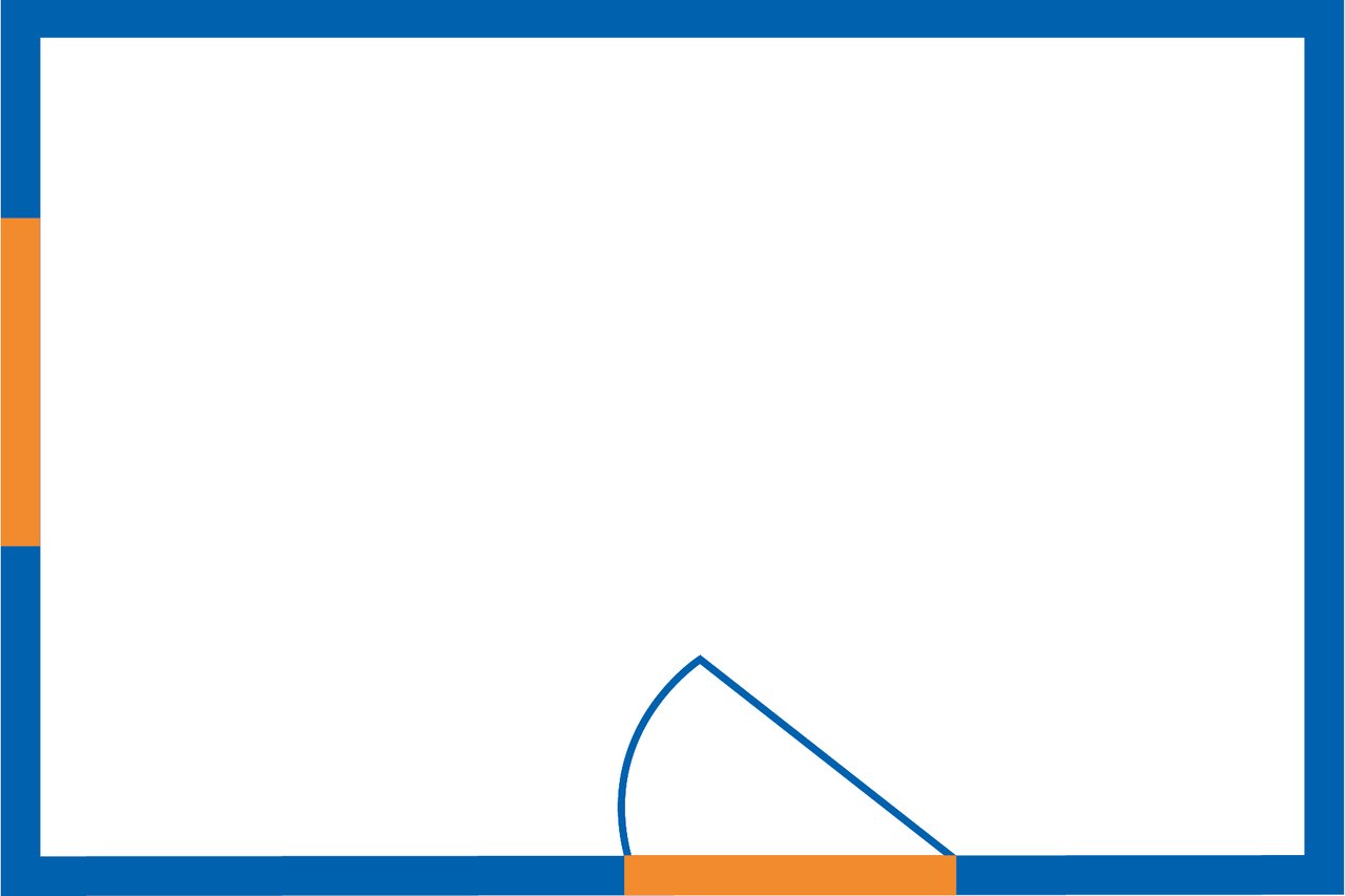 Plan de sol vide avec une bordure bleue et un coin arrondi orange.