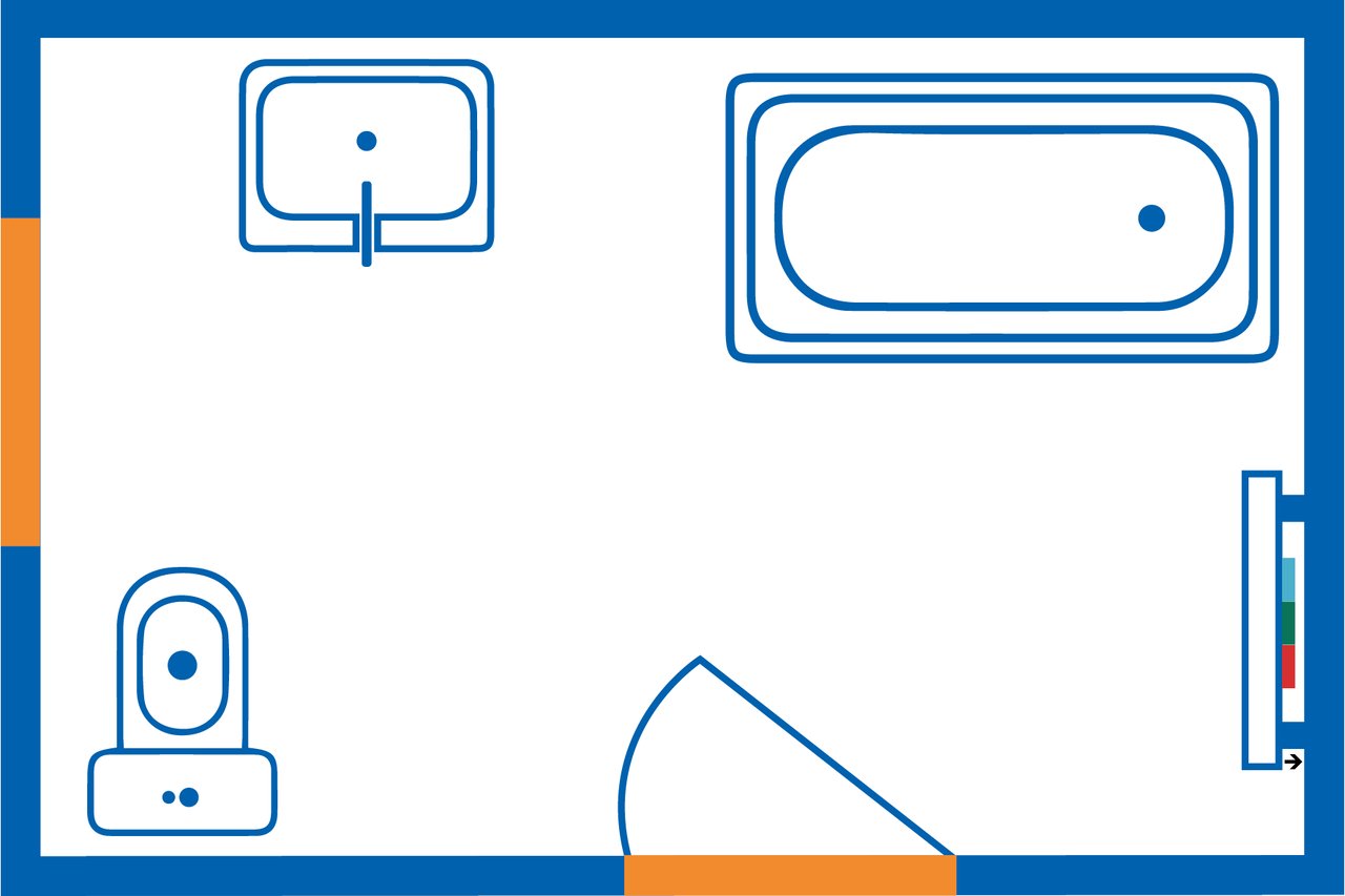 Plan avec bord bleu, coin arrondi orange, baignoire et toilettes, et échelle de couleurs à droite