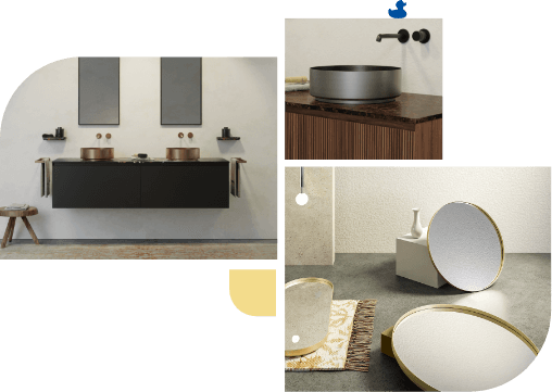 Dubbele wastafels op zwart meubel, moderne kranen, ronde spiegels met gouden rand.