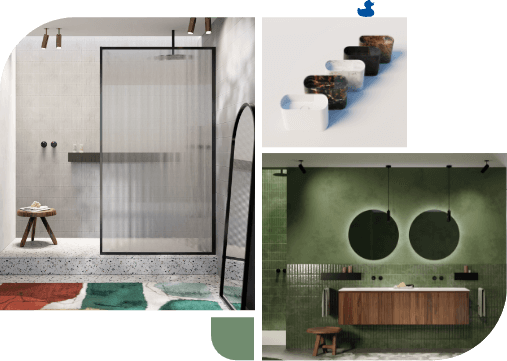 Moderne douchecabine, houten wastafelmeubel met ronde spiegels, groene tegels en vloerkleden.