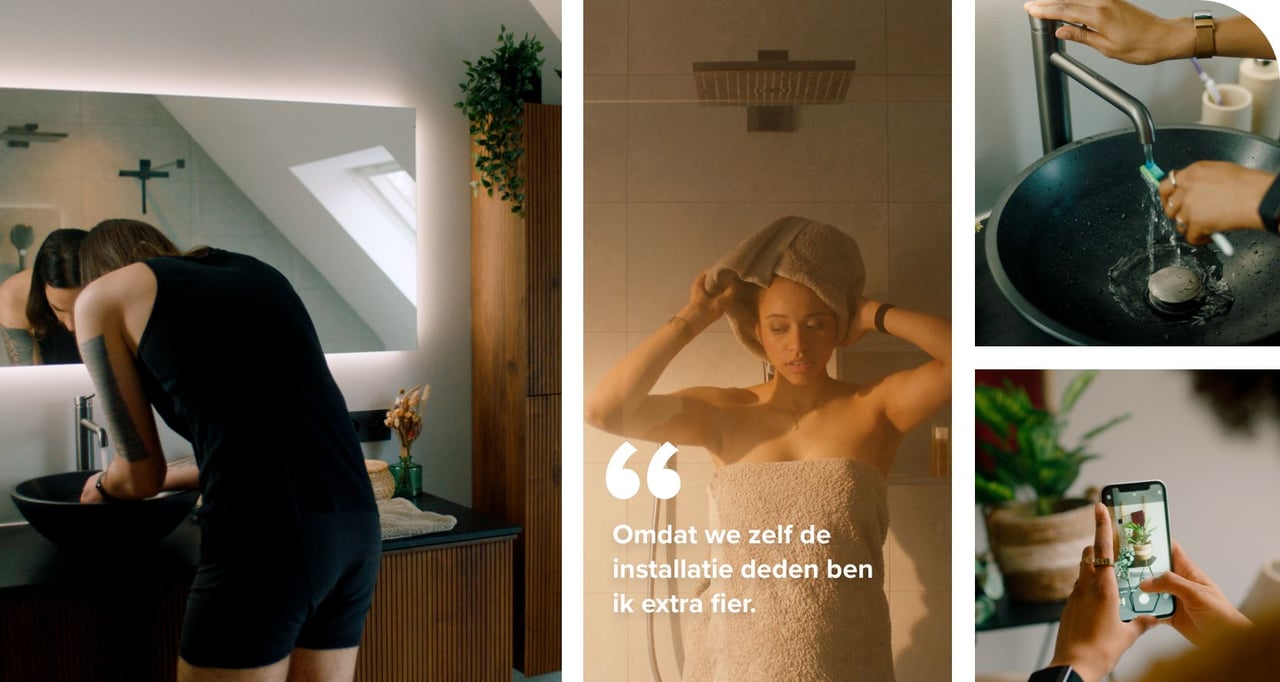 Vrouw droogt haar hoofd na douche bij moderne wastafel in badkamer."