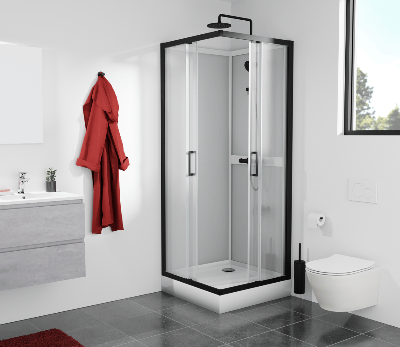 Modernes Badezimmer mit Eck-Duschkabine, Waschbeckenmöbel und rotem Bademantel.