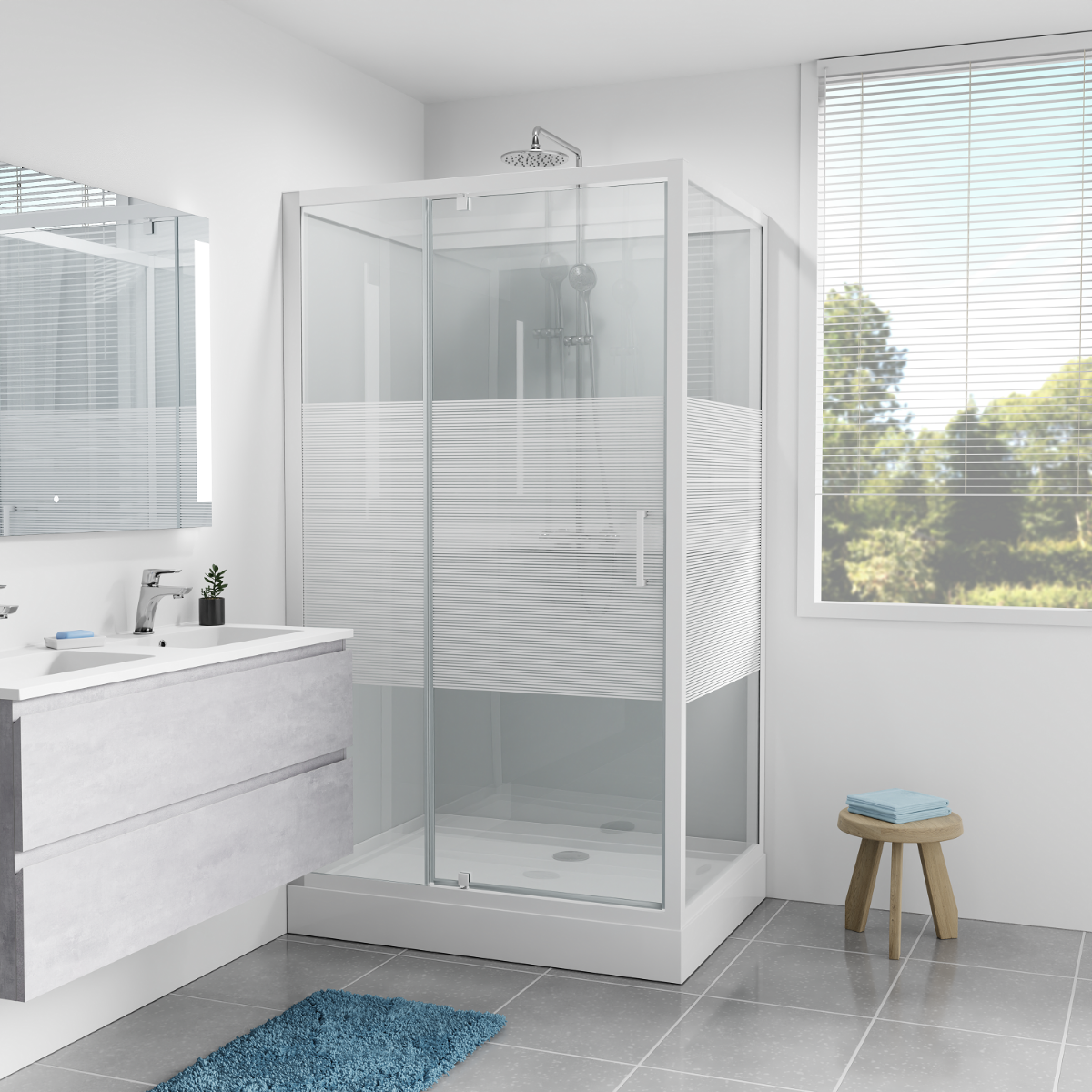 Modernes Badezimmer mit Duschkabine, Regendusche, Waschbeckenmöbel und blauem Teppich.