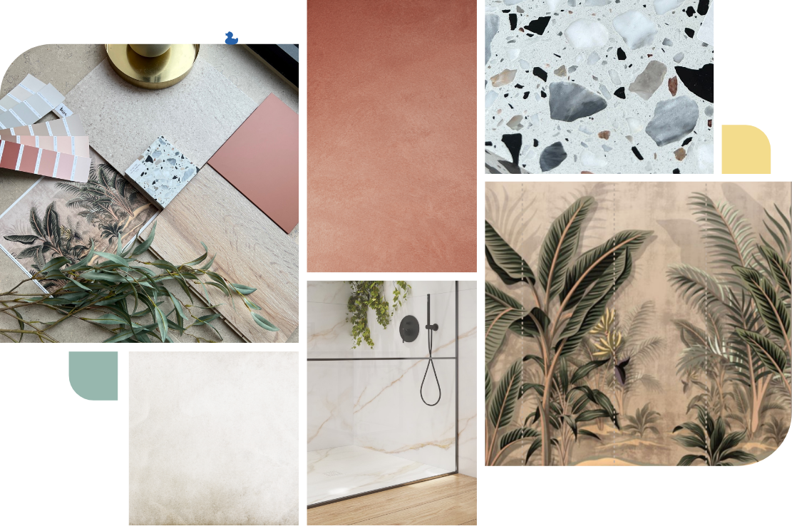 Materialen en ontwerpen voor een badkamer met terrazzo tegels, tropisch wandtapijt en kleurstaaltjes