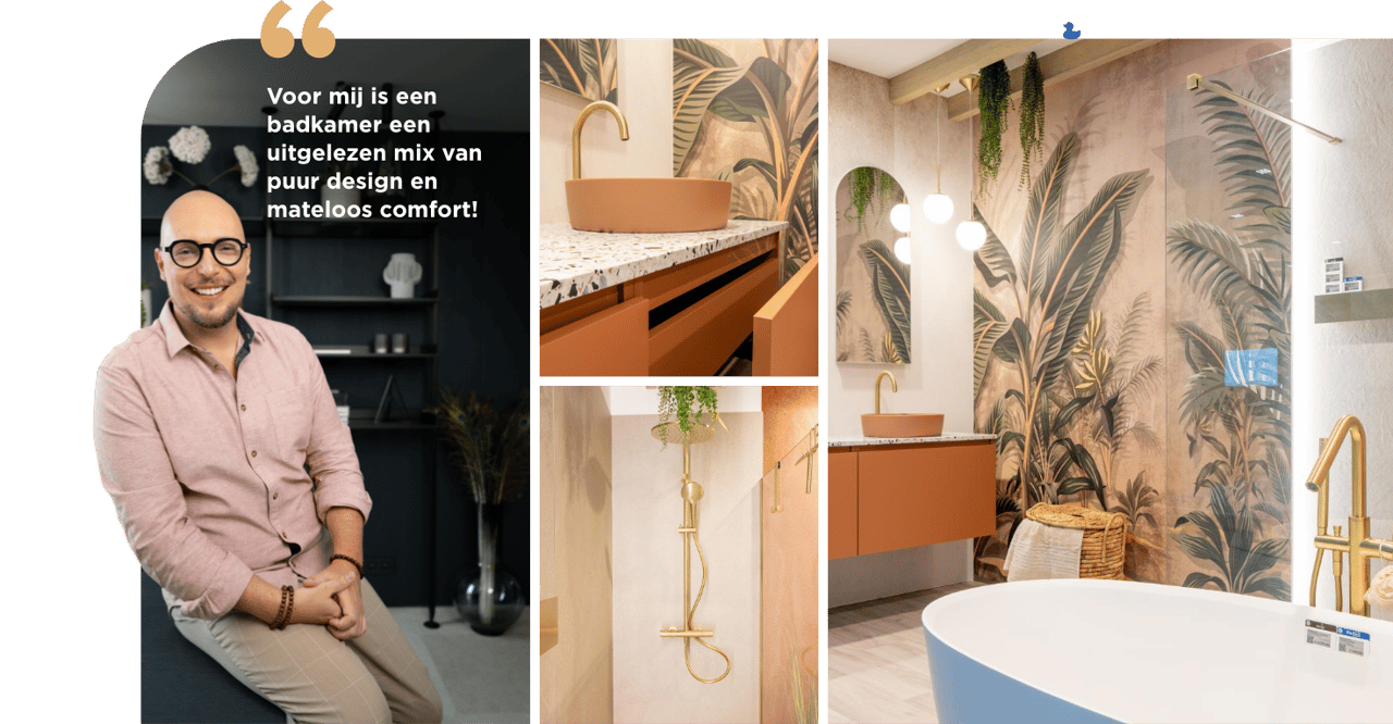 Badkamerontwerp met gouden kranen, tropisch wandtapijt, vrijstaand bad en ontwerpvisie