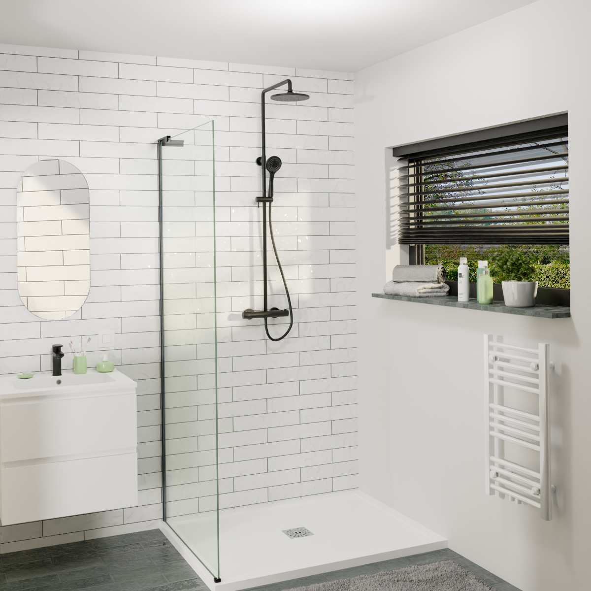 Salle de bains moderne avec douche à l'italienne, système de douche noir, meuble lavabo et étagère avec produits de soin
