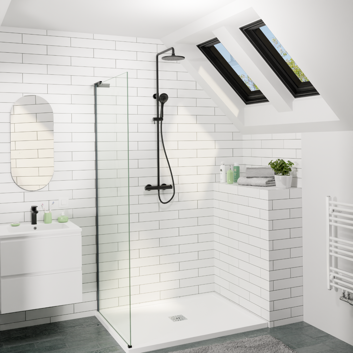 Salle de bains moderne avec douche à l'italienne, système de douche noir, meuble lavabo et étagère avec produits de soin