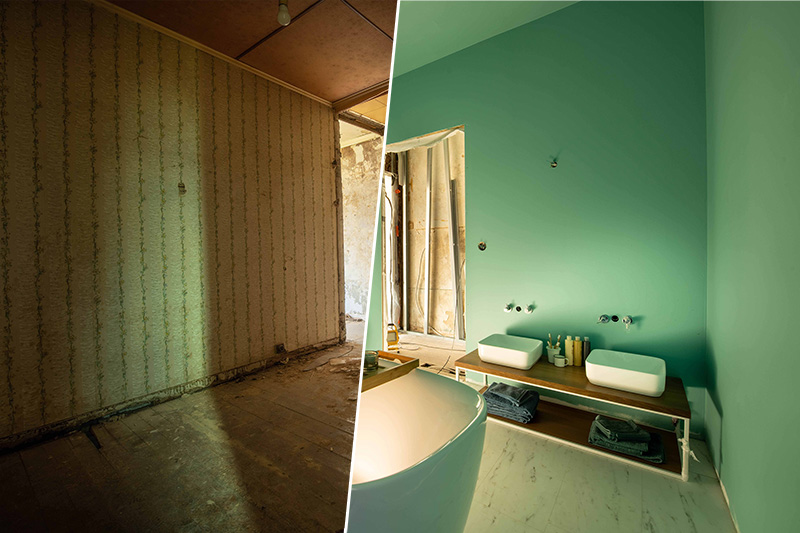 Vergleich zwischen einem verfallenen Raum mit beschädigtem Tapeten und einem modernen Badezimmer mit türkisfarbenen Wänden und einer Badewanne