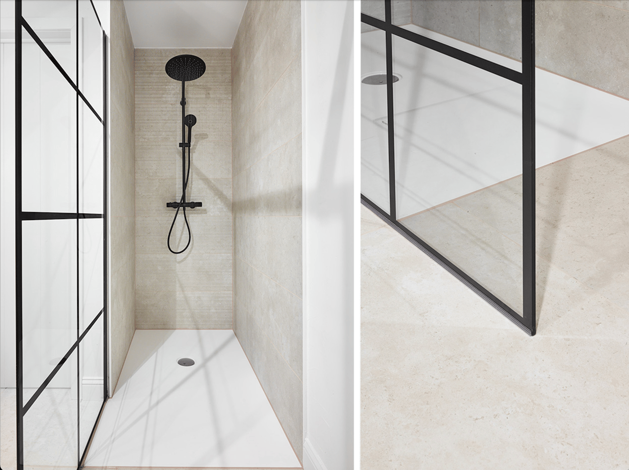 Douche à l'italienne élégante avec une pomme de douche noire et une paroi en verre