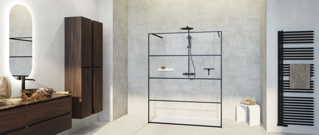 Een moderne badkamer met een zwarte douchecabine, handdoekradiator en houten kast.