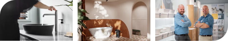 Gros plan d'un élégant robinet de lavabo noir, une baignoire moderne et une équipe d'experts en conception de salle de bains.