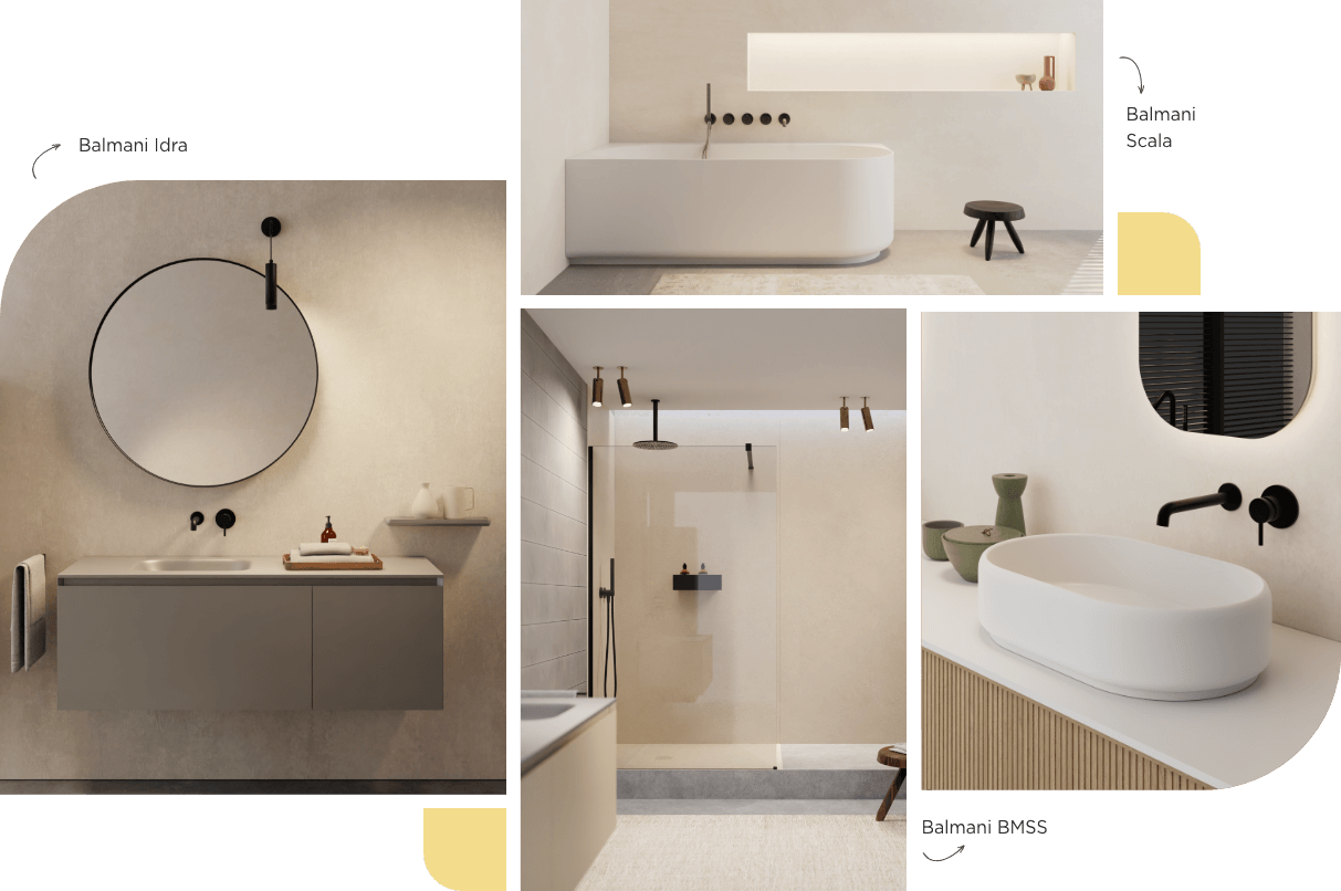 Luxuriöses Badezimmer mit modernem Waschbeckenmöbel, rundem Spiegel, Dusche und freistehender Badewanne.