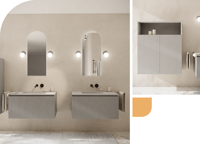 Zwei Wandmöbel mit Waschbecken, runden Spiegeln und Wandlampen in einem modernen Badezimmer