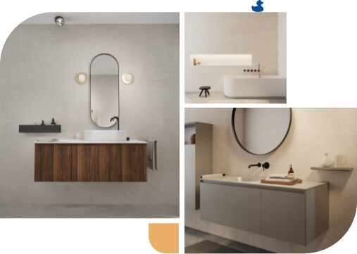 Stilvolle Badezimmer mit modernen Waschbecken, Holzmöbeln und schlichter Beleuchtung.