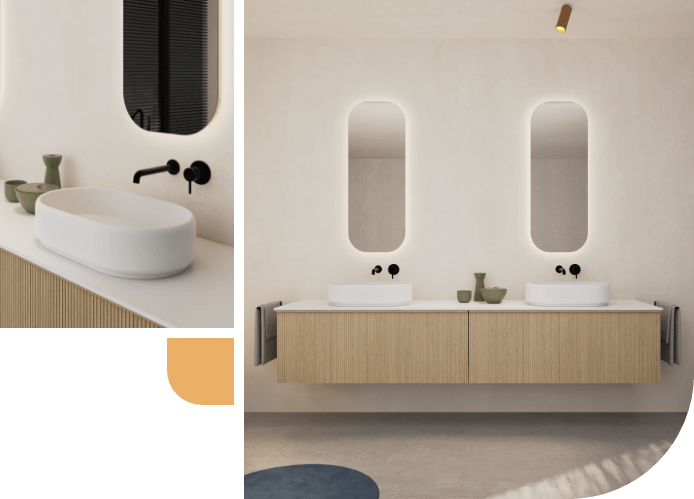 Moderne Doppelwaschbecken mit Holzschrank und minimalistischen Accessoires.