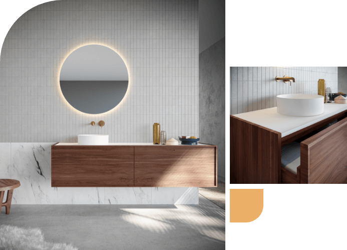 Modernes Waschbecken mit Holzschrank und großem runden Spiegel mit LED-Beleuchtung.