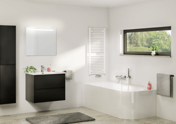 Harmonieus contrast van licht en donker in deze praktische badkamer