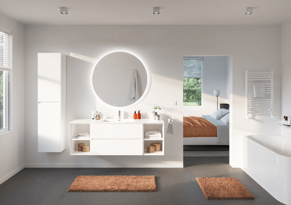 Combineer vormen voor harmonieuze balans in deze badkamer