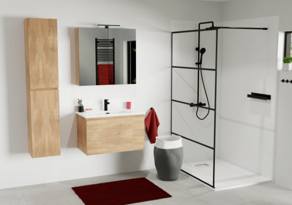 Hedendaags badkamerontwerp met hout, wit en zwart