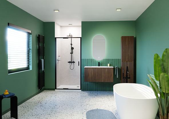 Verspielte Balance: ein Badezimmer voller Kontrast und Charakter