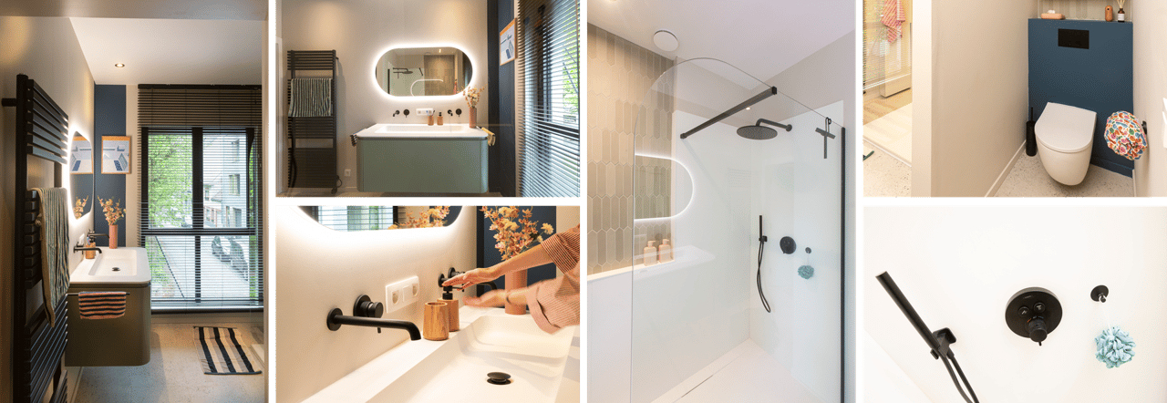 Een collage van moderne badkamerdetails, waaronder douche, meubel, toilet en accessoires, elk in harmonie met het totaalkarakter van x²o badkamers.