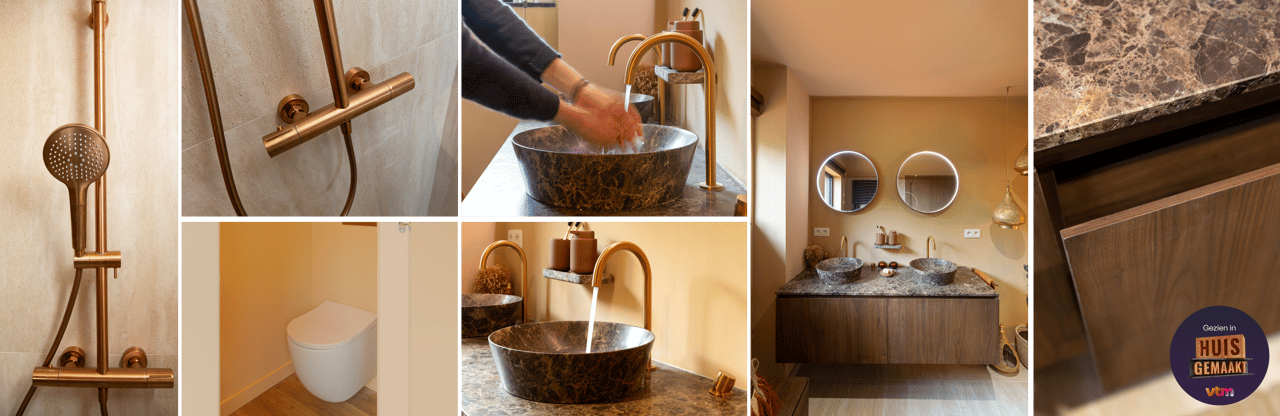 Het x²o badkamers ontwerp uit Huis Gemaakt Lummen, met warme kleuren, natuursteen en goudkleurige accenten.