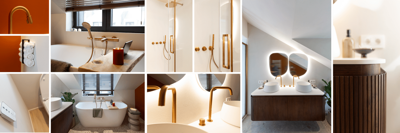 Collage eines x²o Badezimmer-Interieurs mit Details einer freistehenden Badewanne, beleuchtetem Waschbecken, goldenen Armaturen, oranger Wand und Duschbereich.