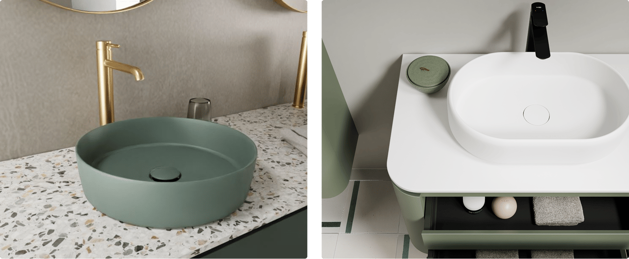 Badkamer met groene, afgeronde meubels, witte waskom, ovale spiegel en zwarte details. Botanische stijl van x²o badkamers