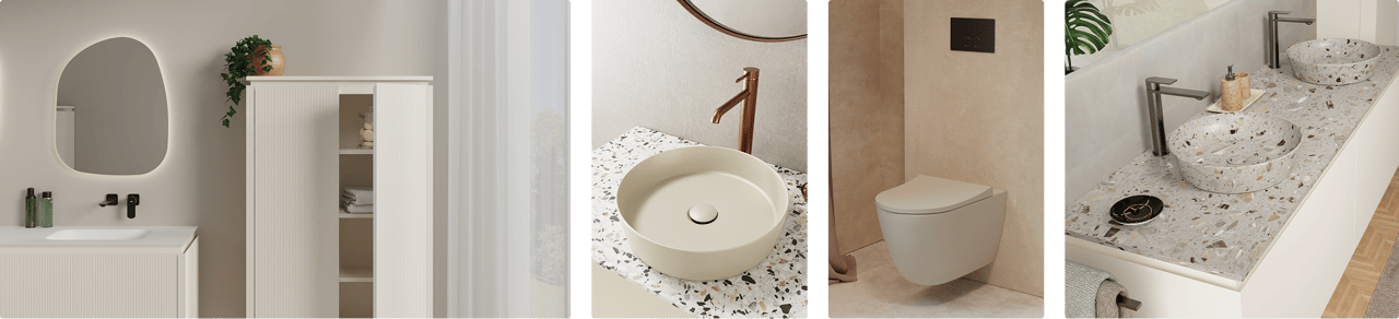 Samenstelling van verschillende x²o badkamers interieurs in warme neutrale tinten. Linkerbeeld toont een licht geribbeld meubel met spiegel en zwarte kraan, gevolgd door close-ups van een beige opzetwaskom, een lichtgrijs toilet en twee terrazzo waskommen op een wit meubel. Perfecte harmonie van rust en stijl.