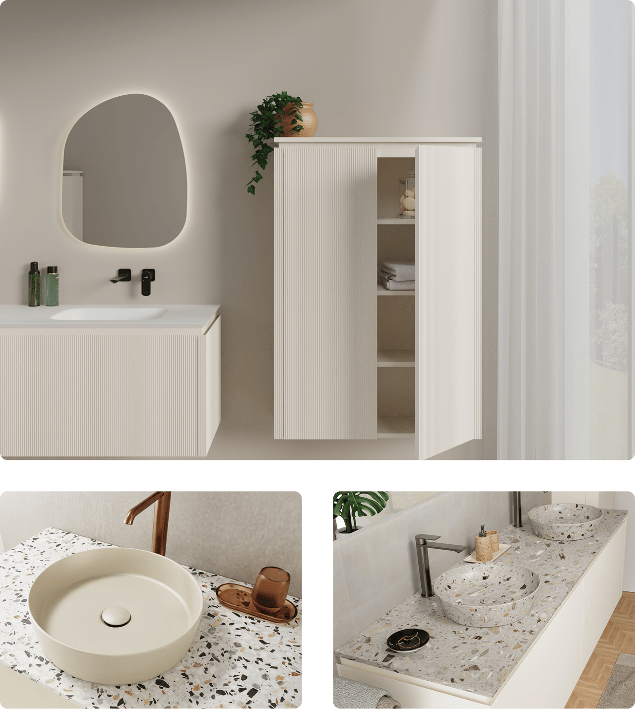 Komposition verschiedener x²o Badezimmer in warmen neutralen Farbtönen. Links ein hell geriffeltes Möbel mit Spiegel und schwarzer Armatur, daneben Detailaufnahmen eines beigen Aufsatzbeckens, einer hellgrauen Toilette und zweier Terrazzo-Waschschalen auf einem weißen Möbel. Perfekte Balance aus Ruhe und Stil.