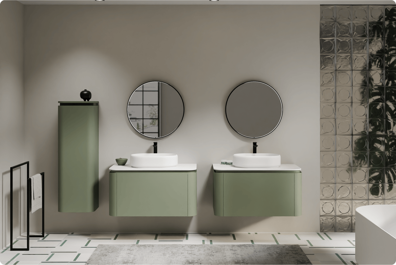 Badkamer met groene, afgeronde meubels, witte waskom, ovale spiegel en zwarte details. Botanische stijl van x²o badkamers