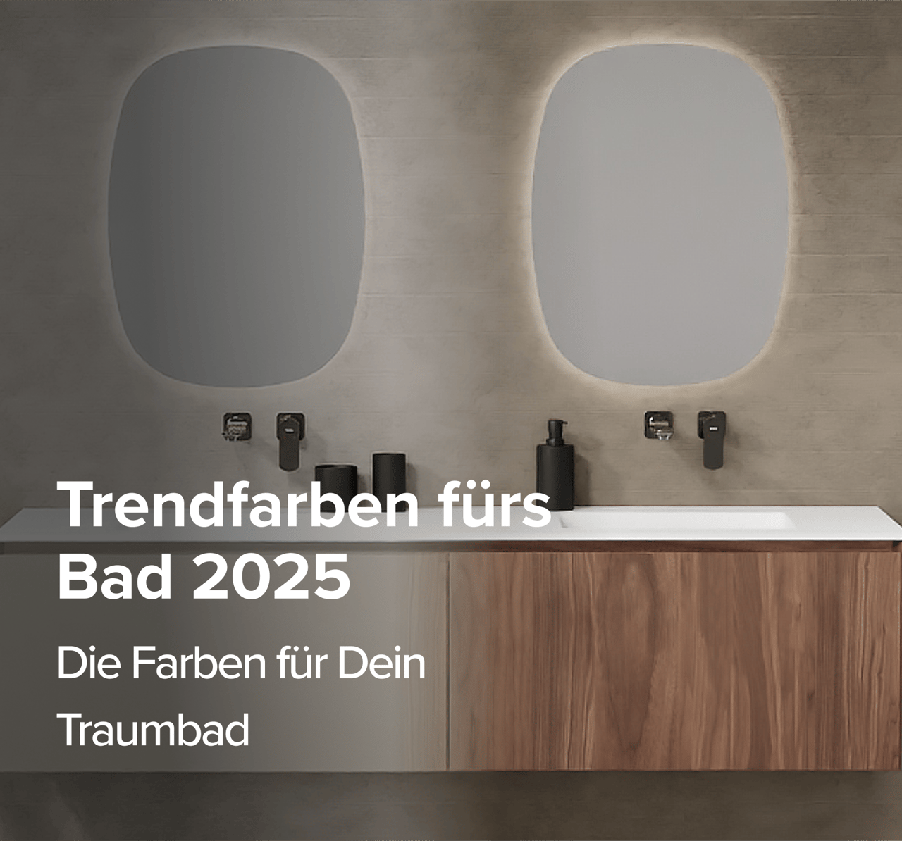 Trendiges Badezimmer in Erdtönen mit minimalistischem Hängeschrank, asymmetrischen Spiegeln mit sanfter Beleuchtung und Holzhochschrank. Schwarze Details in der Dusche und bei den Accessoires verleihen dem Raum einen modernen Touch. Zukunftsorientiertes Design von x²o badkamers für 2025.