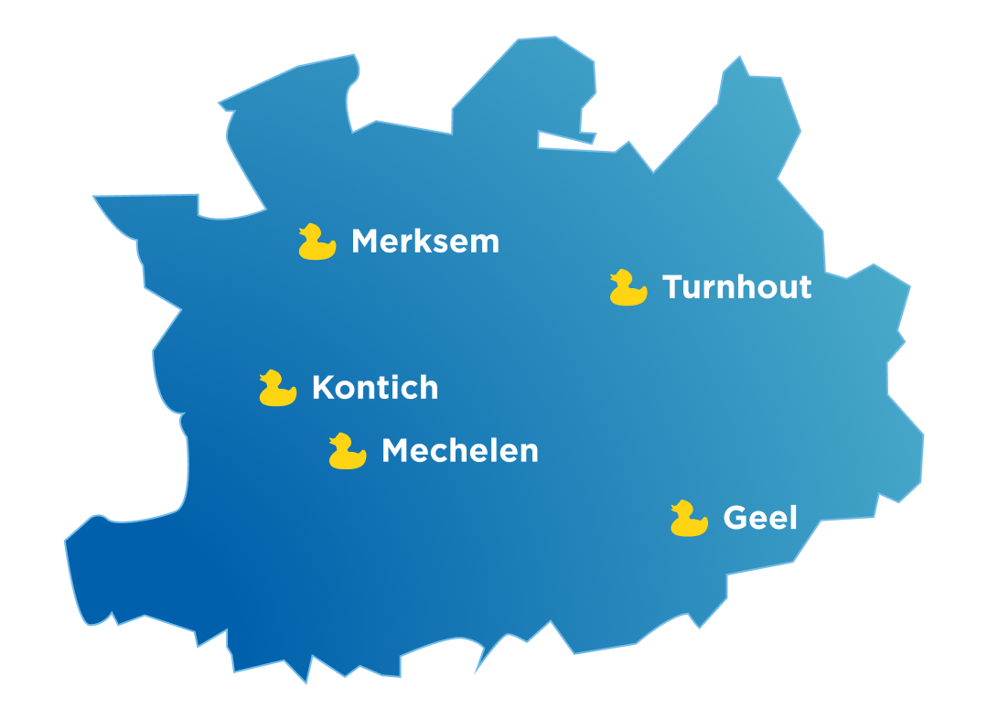 Blauwe kaart van de provincie Antwerpen met x²o badkamers showrooms aangeduid in Merksem, Kontich, Mechelen, Turnhout en Geel.