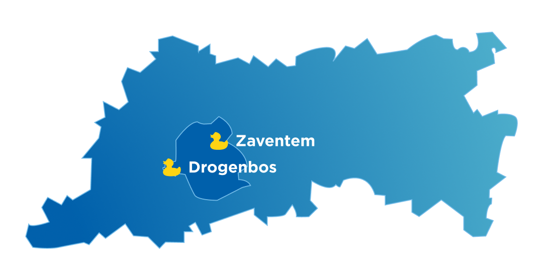 Blauwe kaart van de provincie Brussel met x²o badkamers showrooms aangeduid in Zaventem en Drogenbos.