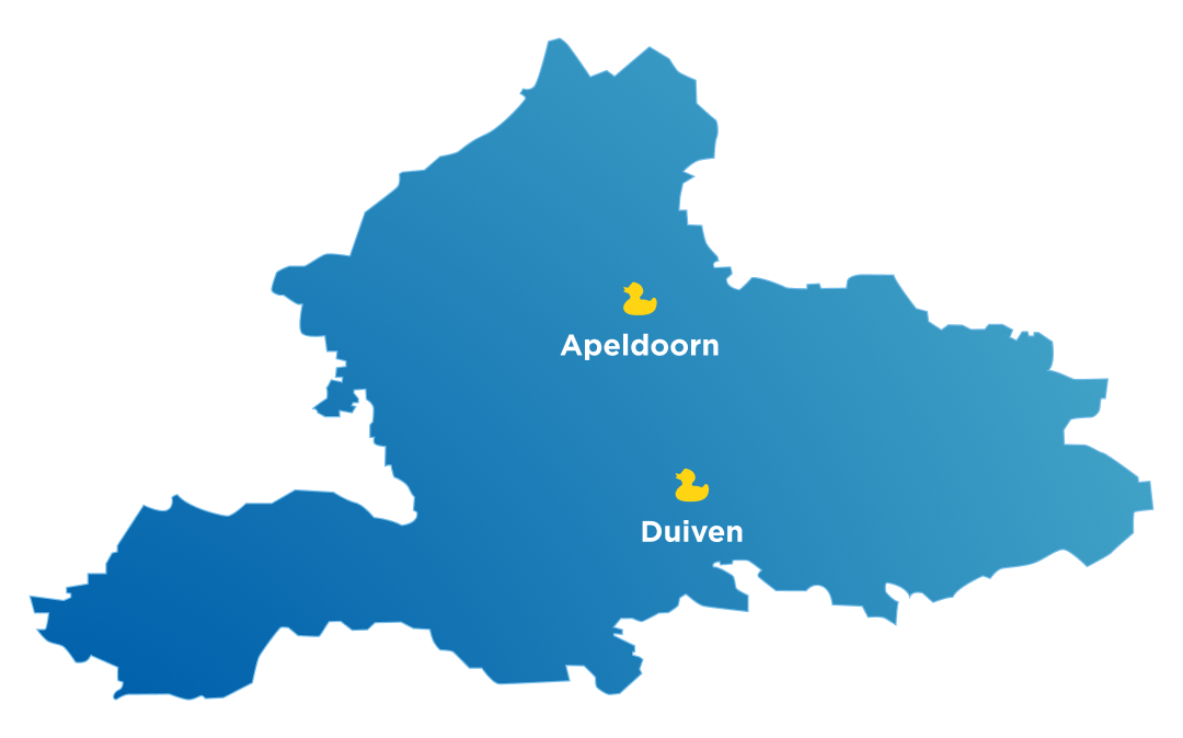 Blauwe kaart van Gelderland met x²o badkamers showrooms aangeduid in Apeldoorn en Duiven.