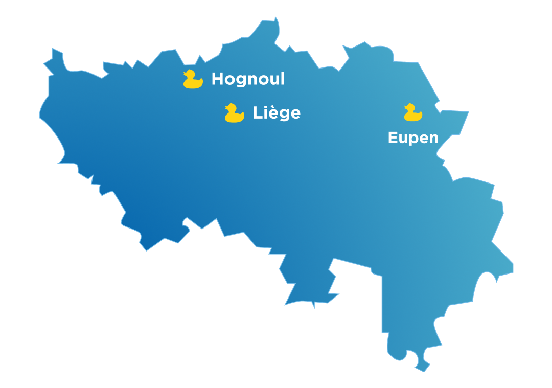 Carte bleue de la province de Liège avec les showrooms x²o salles de bains à Hognoul, Liège et Verviers.