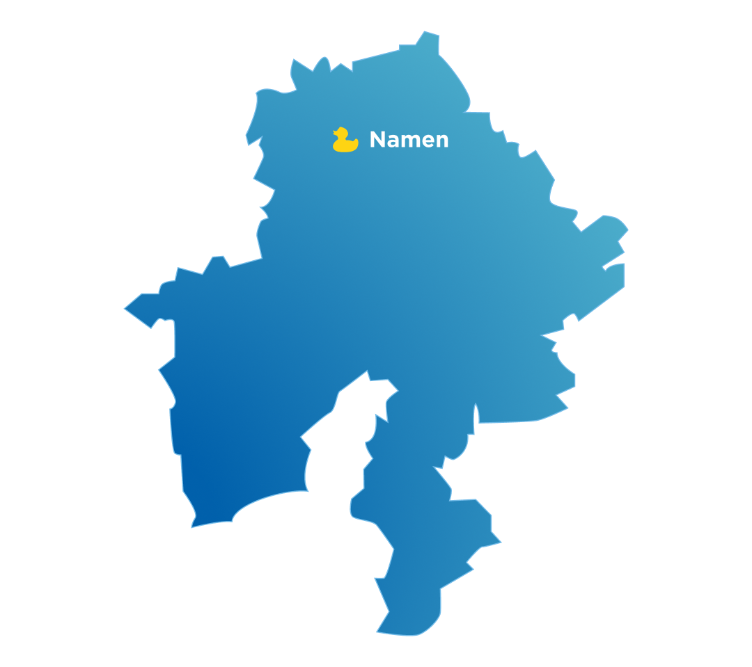 Carte bleue de la province de Namur avec le showroom x²o salles de bains indiqué à Namur.