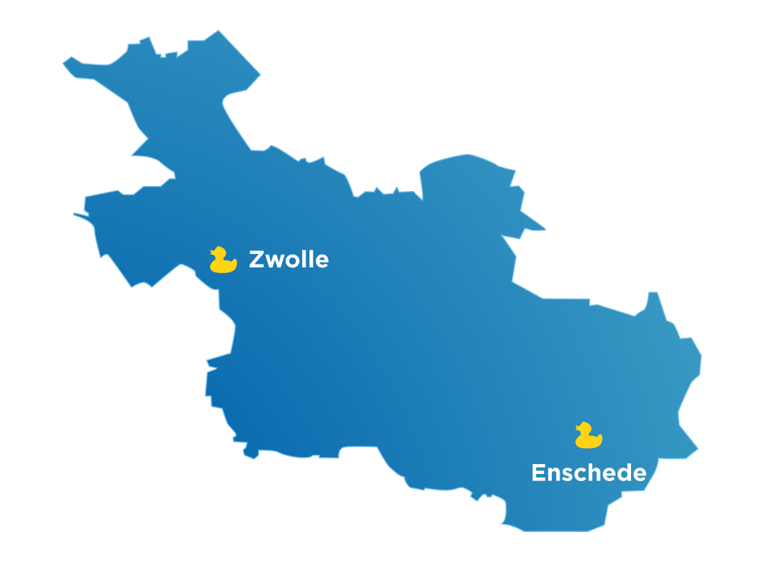 Blauwe kaart van Overijssel met x²o badkamers showrooms aangeduid in Zwolle en Enschede.