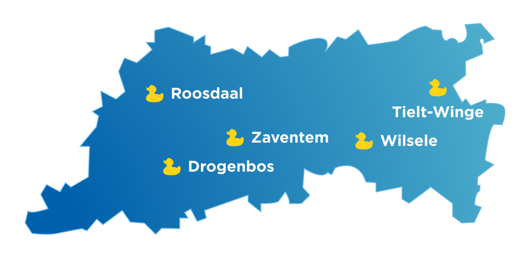 Blauwe kaart van Vlaams-Brabant met x²o badkamers showrooms aangeduid in Roosdaal, Drogenbos, Zaventem, Tielt-Winge en Wilsele.