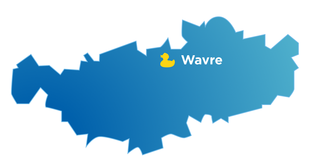Carte bleue du Brabant wallon avec le showroom x²o salles de bains indiqué à Wavre.