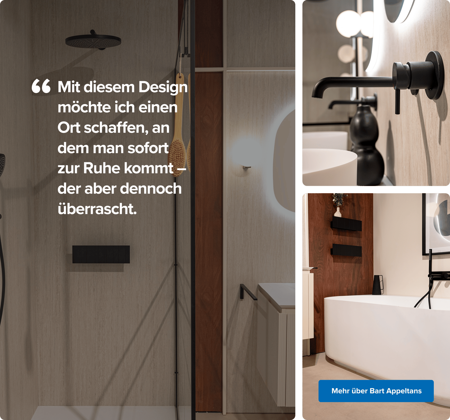Zentrale Ansicht eines x²o Badezimmers ohne Personen. Zwei runde, weiße Waschbecken auf einem schwebenden beigefarbenen Schrank mit beleuchteten Spiegeln darüber. Links siehst du eine Glasdusche mit schwarzer Armatur und Holzpaneelen. Die Stimmung ist elegant und entspannend.