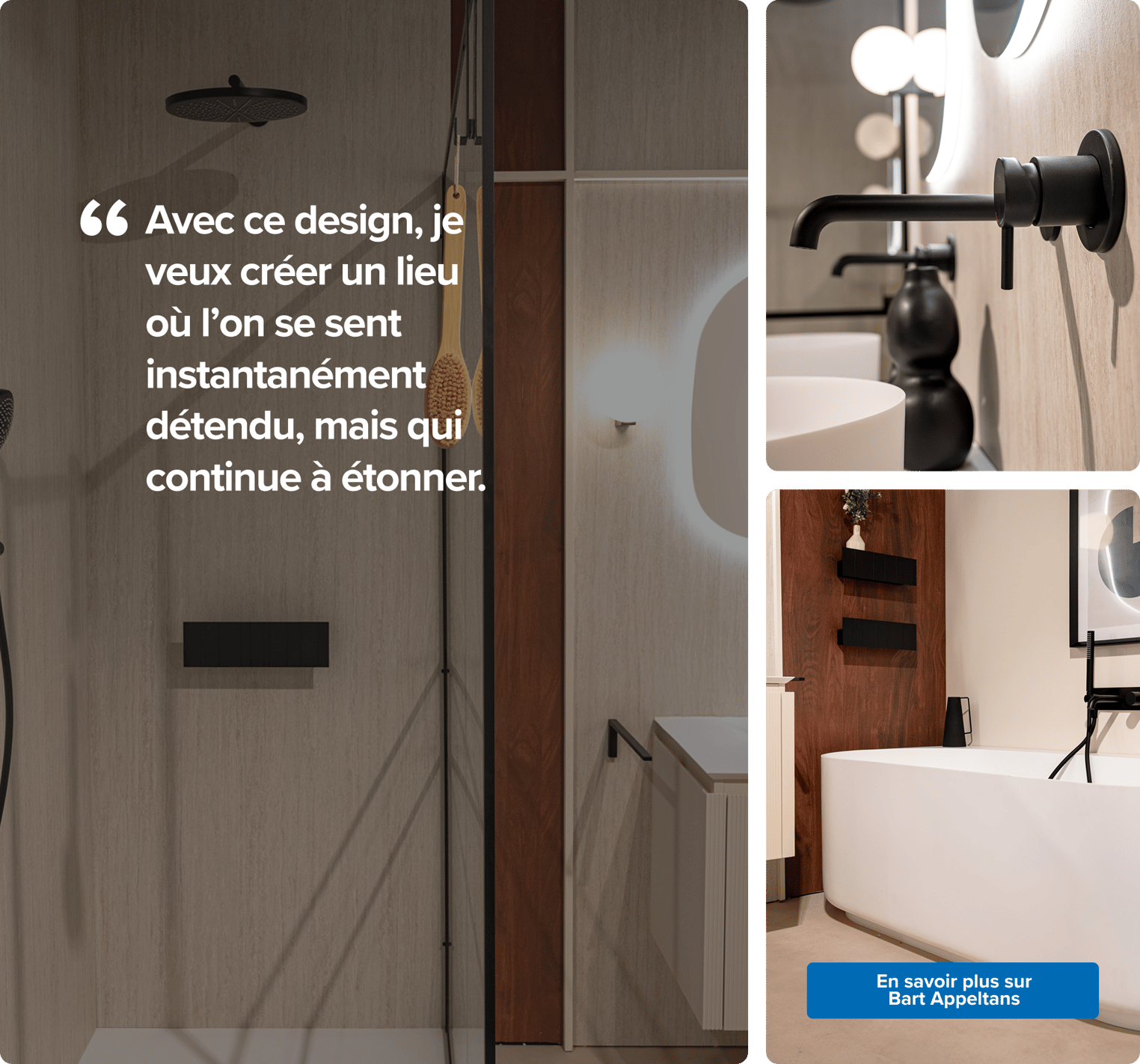Vue centrée d’une salle de bains x²o salles de bains sans personne. Deux lavabos blancs sur meuble suspendu beige, miroirs rétroéclairés et murs boisés. À gauche, une douche vitrée avec pommeau noir mat et éclairage tamisé. L’ambiance est élégante et sereine.