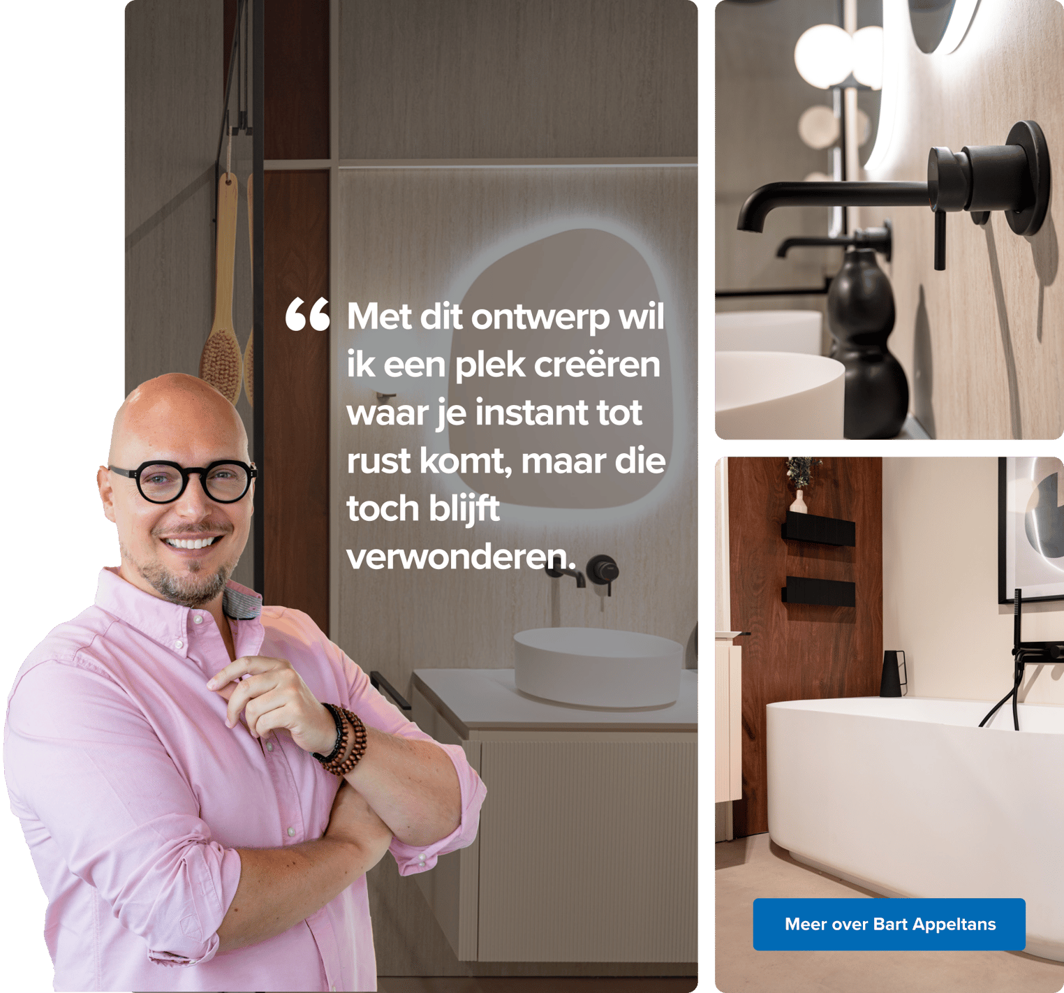 Afbeelding van een moderne x²o badkamer met twee ronde, witte opbouwlavabo’s op een zwevend beige meubel. Boven elk lavabo hangt een organisch gevormde spiegel met zachte LED-verlichting. Links staat een glimlachende man in een roze hemd voor een douche met glazen wand. Houten accenten en warme verlichting zorgen voor een rustgevende sfeer.