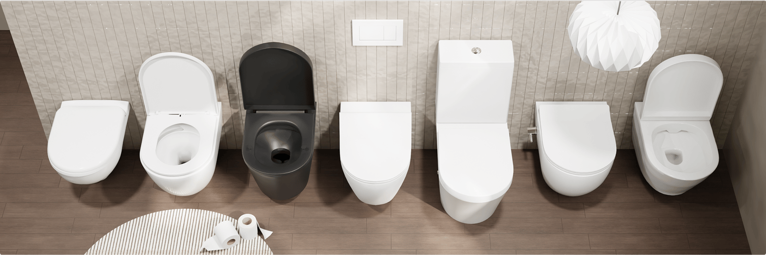 Übersicht mehrerer wandhängender Tiefspül-WCs in glänzend Weiß, Mattweiß und Mattschwarz sowie eines Stand-WCs, aufgestellt vor einer hell gefliesten Wand auf Holzboden im Showroom von x²o Badezimmer.