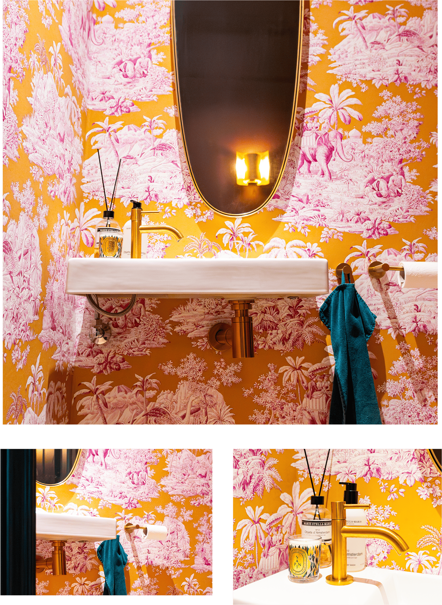 Close-up van een wastafel in de x²o badkamers stijl, met gouden kraan en sifon, voor een luxueuze toets tegen het kleurrijke behang.