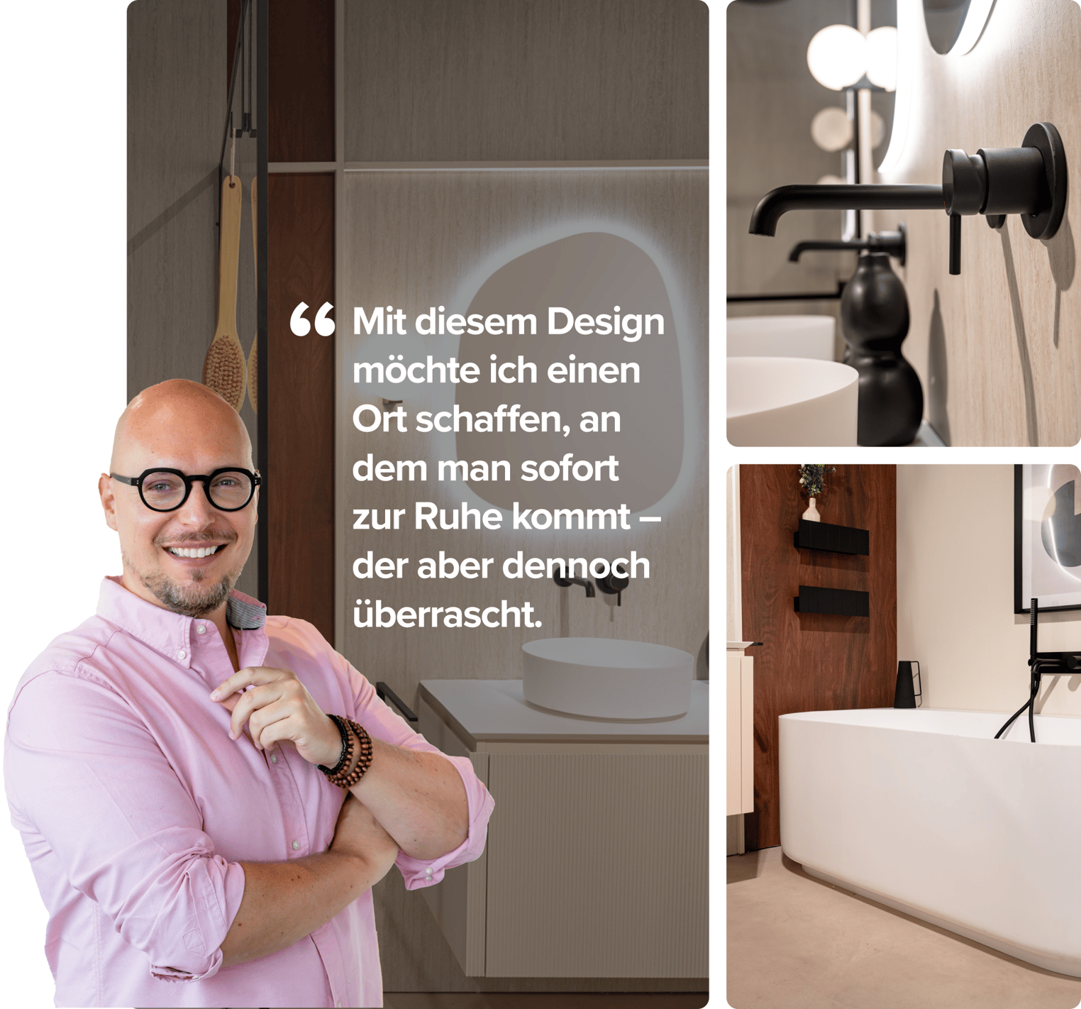 Hero-Bild des Innenarchitekten Bart Appeltans vor einem luxuriösen Designbad mit bodengleicher Dusche mit schwarzen Profilen, schwebendem Waschtisch mit Doppelwaschbecken, organisch geformten Spiegeln mit indirekter Beleuchtung und freistehender Badewanne von x²o Badezimmer.