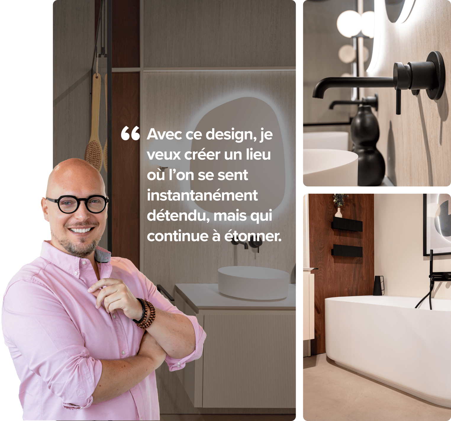 Image héro de l’architecte d’intérieur Bart Appeltans devant une salle de bains design luxueuse avec douche à l’italienne à profils noirs, meuble suspendu avec double vasque, miroirs organiques rétroéclairés et baignoire îlot de x²o salles de bains.