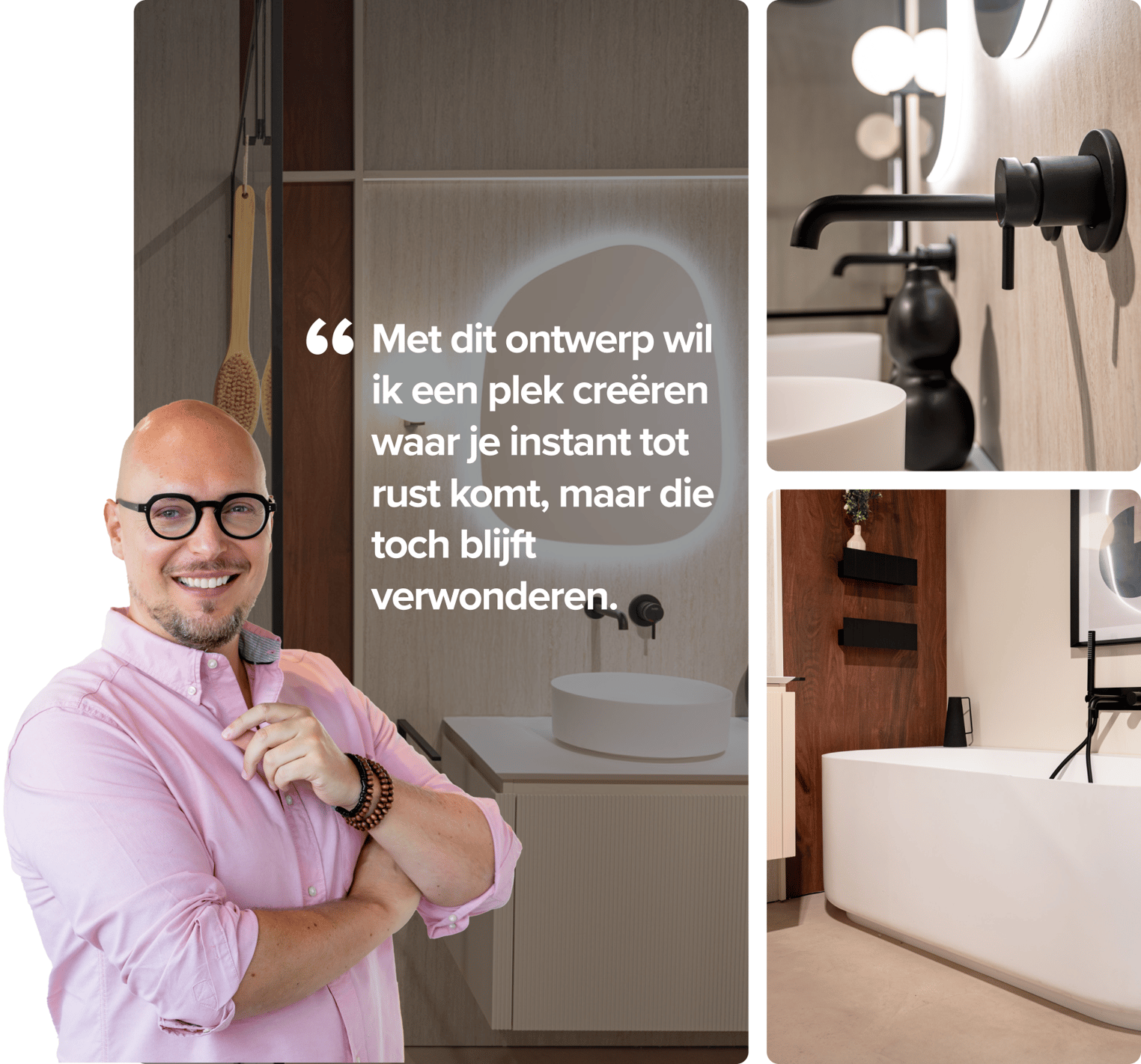 Hero-afbeelding van interieurarchitect Bart Appeltans voor een luxueuze designbadkamer met inloopdouche in zwarte profielen, een zwevend badkamermeubel met dubbele waskommen, organische spiegels met indirect licht en een vrijstaand bad, ontworpen met x²o badkamers.