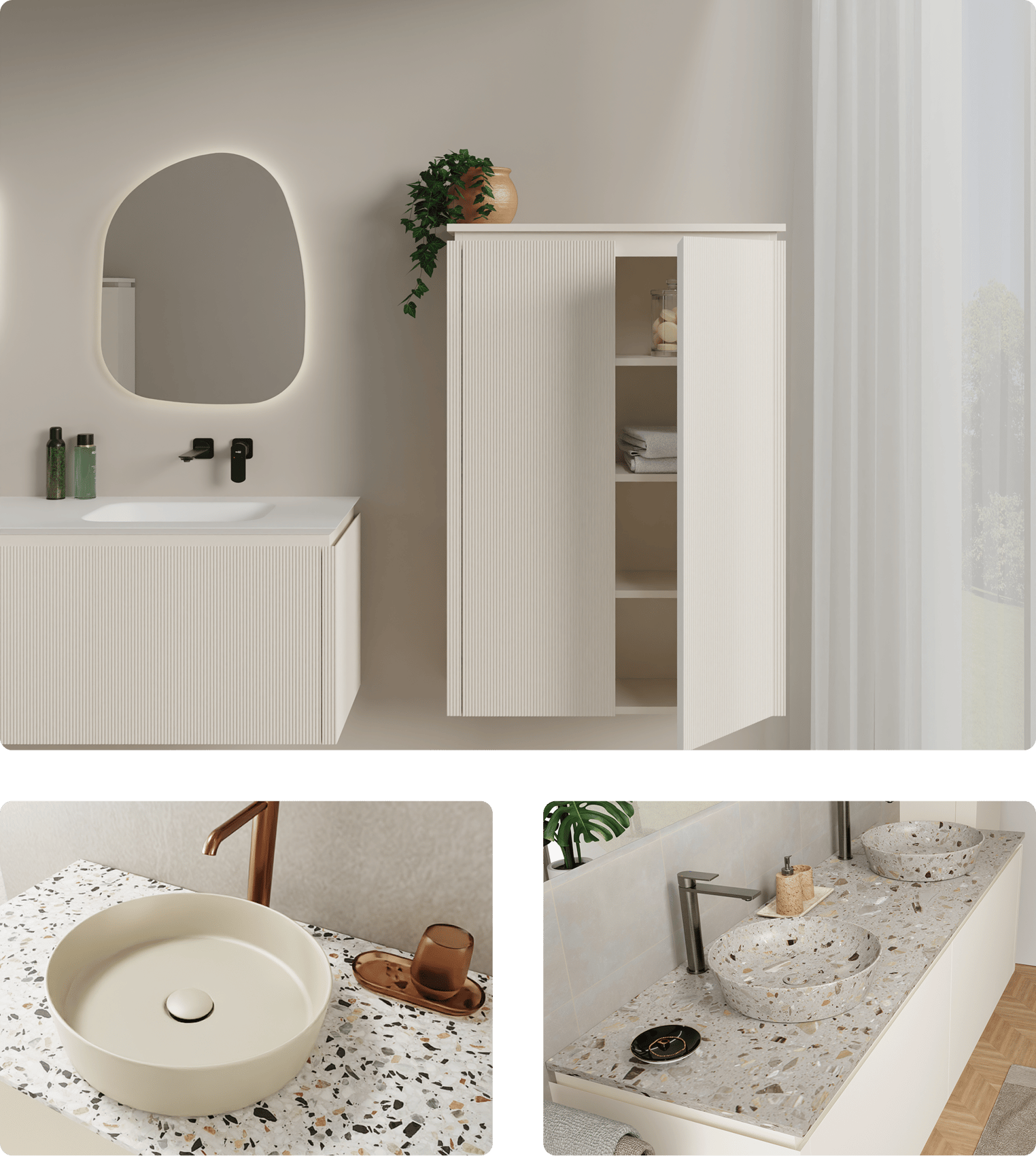 Samenstelling van verschillende x²o badkamers interieurs in warme neutrale tinten. Linkerbeeld toont een licht geribbeld meubel met spiegel en zwarte kraan, gevolgd door close-ups van een beige opzetwaskom, een lichtgrijs toilet en twee terrazzo waskommen op een wit meubel. Perfecte harmonie van rust en stijl.