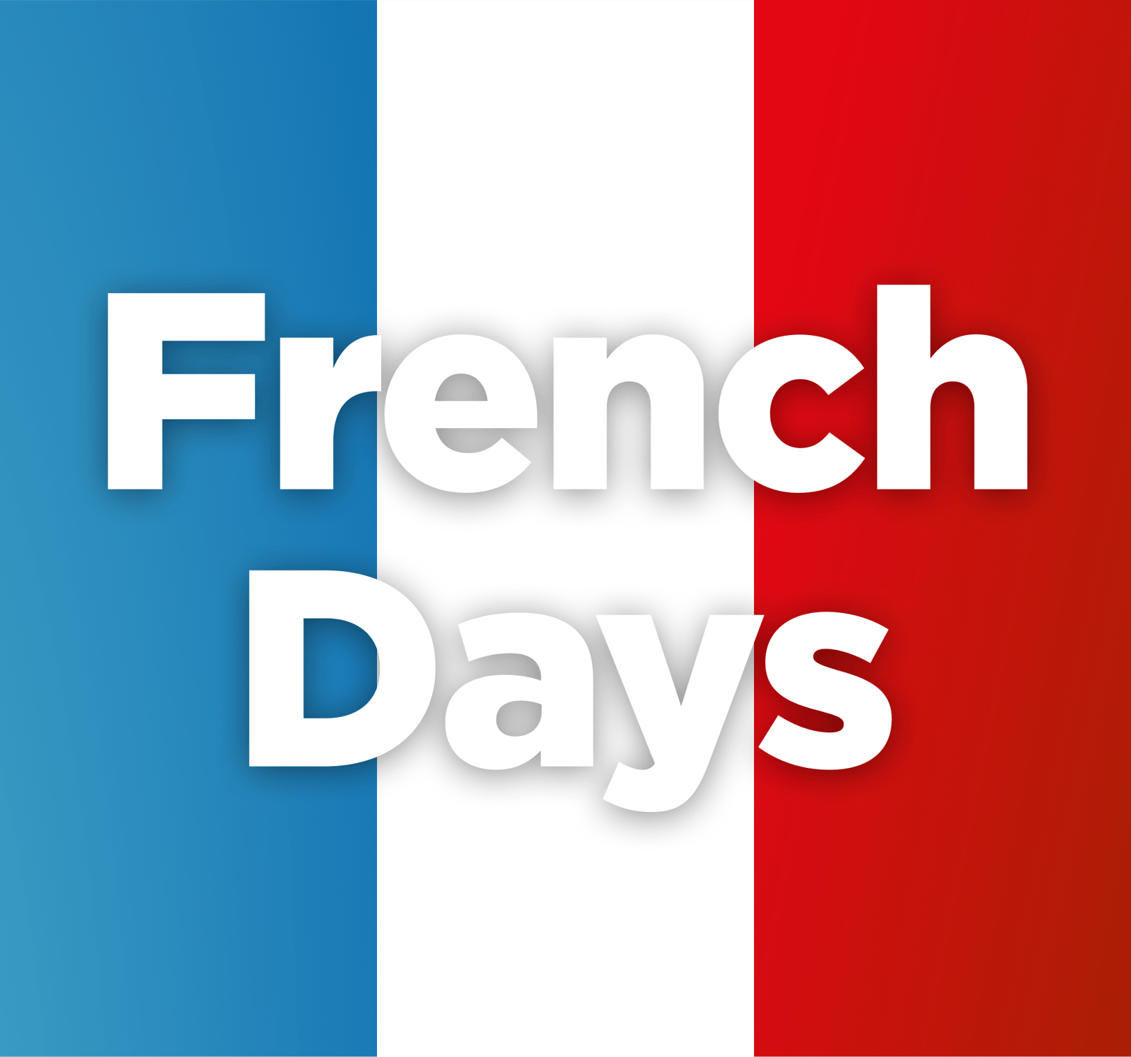 Dans cette bannière visuelle simple de x²o salles de bains, on voit un fond composé de trois bandes verticales bleu, blanc et rouge formant le drapeau français, avec au centre le texte « French Days » en grandes lettres blanches, faisant référence à une campagne promotionnelle de x²o salles de bains liée aux offres françaises.